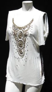 NEW HALE BOB US women’s M Beaded Rayon Slub Knit Cold Shoulder Tee T Shirt Top - Picture 1 of 7