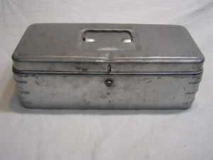 Vintage Small Gray Metal Tool Box 11" x 5" x 3-1/2" w/ Push Button Latch - Picture 1 of 10