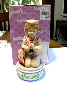 Vint Music Box-Enesco "Jesus Loves Me Boy W/ Boat-1990-Children's Prayer*ON SALE - Picture 1 of 4