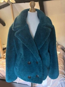Weird Fish Teddy Bear Fleece Coat Jacket Teal Green Size 18 Double Breasted - Picture 1 of 8