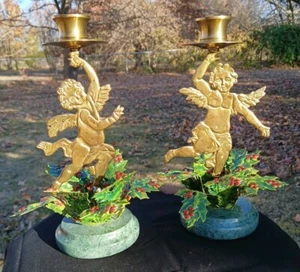 Petites Choses Tole Brass & Enamel Christmas Angels Candle Holders Marble Bases - Picture 1 of 18