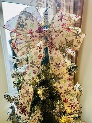 CHRISTMAS TREE TOPPER BOW DECORATION  15inch  TAILS  WITH 8 ADDITIONAL BOWS - Image 1 of 4