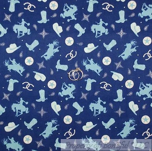BonEful Fabric FQ Cotton Quilt Navy Blue Aqua Cowgirl Horse Shoes American Star - Picture 1 of 12