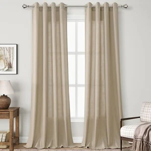 Taupe Linen Curtains 90 inches Long 2 Panel Set Grommet Elegant Semi Sheer Li... - Picture 1 of 6