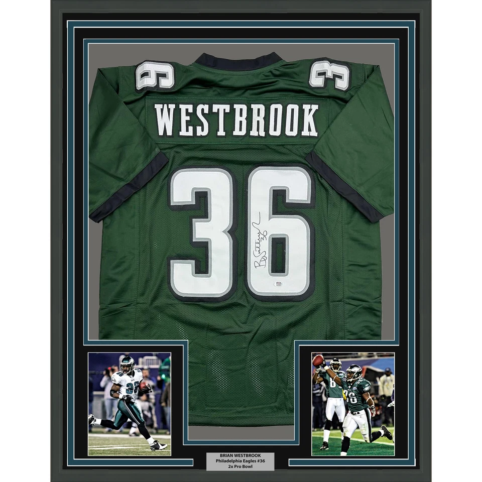 Camiseta deportiva enmarcada autografiada/firmada Brian Westbrook 35x39 verde Filadelfia certificado de autenticidad PSA Foto 1 de 2