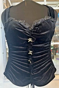 Intimate Attitudes Gothic Skull Button Black Velvet Halter Corset Top Size 42 - Picture 1 of 5