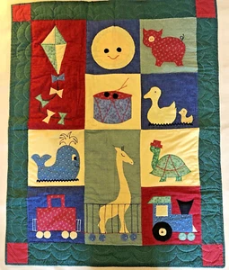 Baby Toddler Quilt Play Mat Wall Hanging Handmade 37" x 46" Animals Trains Toys - Picture 1 of 20