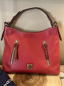 Dooney & Bourke Pebble Grain Cooper Hobo Shoulder Bag Lg Scarlet Red & Tan New - Picture 1 of 11
