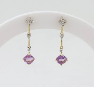 14k Yellow Gold Natural Amethyst & White Topaz Earrings Dangle Drop 1" x 1/4" - Image 1 of 4