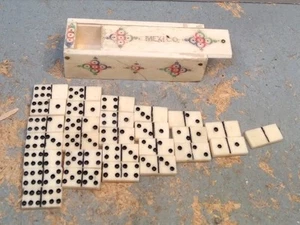 Vintage Mexican Miniature Domino Set In Box Handmade Bone 1950s Mexico Dominoes - Picture 1 of 8