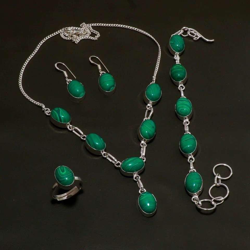 Set di gioielli fatti a mano in argento 925 con pietre preziose in malachite - Immagine 1 di 4