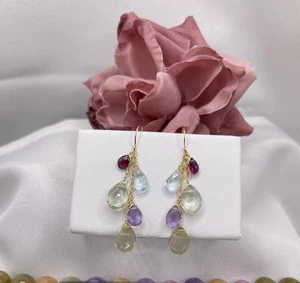 14K Gold Multi Gemstone Earrings Natural Briolette Handmade Citrine Amethyst - Picture 1 of 11
