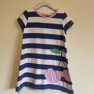 Mini Boden Girls Dress 3-4Y | Navy & White Stripes with Pink Cherry Appliqué - Picture 1 of 5