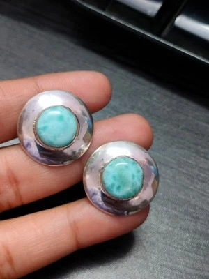 Gemelli rotondi vera pietra preziosa Larimar gioielli argento sterling 925... - Immagine 1 di 4
