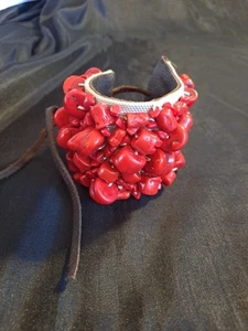 Lucky Brand Wide Red Faceted Chunky Boho Bead Woven  Wrap Bracelet Large - Picture 1 of 13