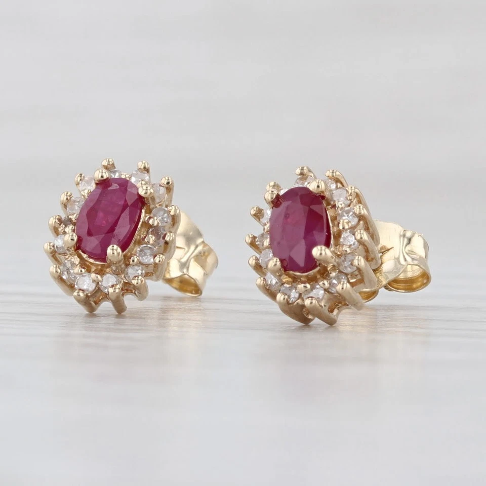 0.74ctw Ruby Diamond Halo Stud Earrings 14k Yellow Gold Studs - Image 1 of 4