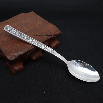 Pure 999 Fine Silver Spoon Healthy Dinnerware Vintage Lotus Handle Spoon 5.2inch - Image 1 of 4