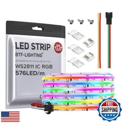 BTF-LIGHTING FCOB WS2811 IC RGB COB LED Strip DC24V 576LED/m 24FT Flexible Hi - Image 1 of 4