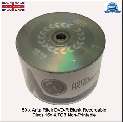 50 x Arita Ritek DVD-R 8x Blank 4.7GB Non-Printable Recordable Logo Blank Disc - Image 1 of 4