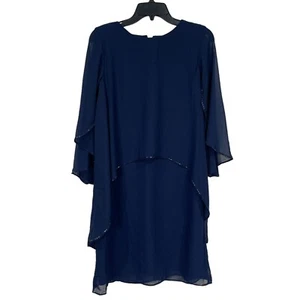 Marina dresses women size 4 embellished chiffon midi sheath cocktail dress navy - Picture 1 of 13