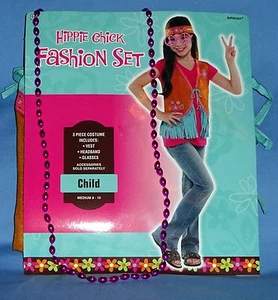 Hippie costume girls 8-10-Vest-Headband-glasses-beads-60s-70s Disco fashion set - Picture 1 of 5
