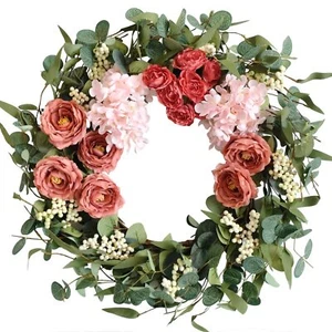 Artificial Pink Peony Wreath 20 Inches Front Door Wreath With Hydrangea Green Le - Picture 1 of 7