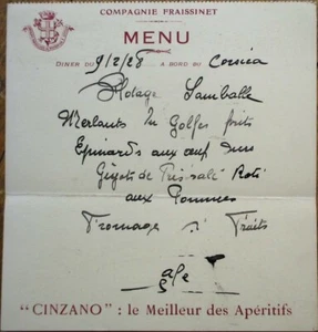 Cinzano Advertising 1928 French Ship Menu: On Board 'Corsica' - Handwritten - Picture 1 of 1