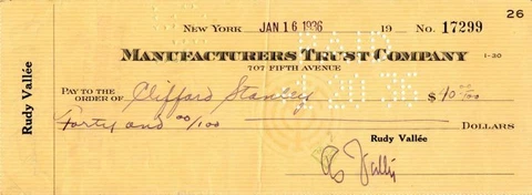 Check signed by Rudy Vallee Cover