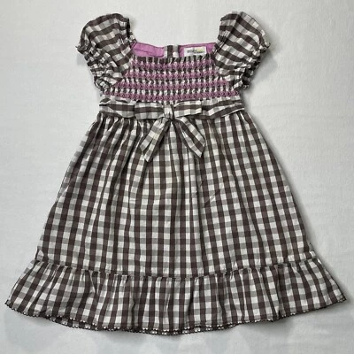 Genuine From OshKosh Girls Pink Brown & White Checkered Smock Dress Sz 4T - Image 1 of 4