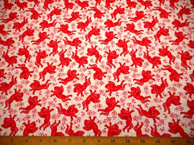 Valentine Fabric By Yard Red Cherub Hearts of Love White Premium Cotton #C - Image 1 of 2