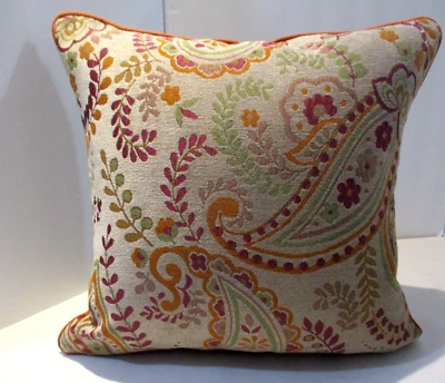 Paisley verde oliva naranja quemado, funda de almohada, ribete de lino naranja, 16X16, nuevo. Foto 1 de 4