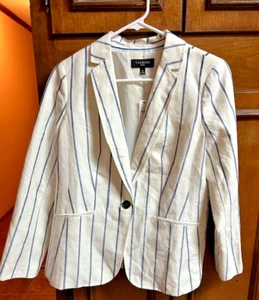 NEW Talbots Linen Blazer Jacket One Button Lined Womens Size 8P Ivory pin stripe - Picture 1 of 15