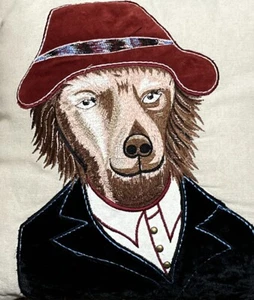 Dapper Pier 1 Embroidered Throw Pillow Dog In Blue Suit Red Hat 13” x 13” Beige - Picture 1 of 5