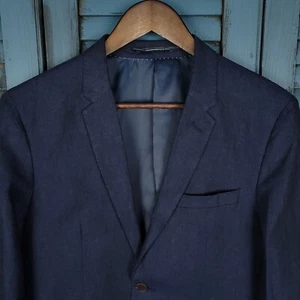 H&M Blazer Sport Coat Mens 36R Blue Indigo Linen 2 Button Jacket Casual Suits - Picture 1 of 16