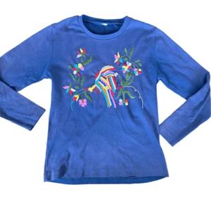 Girls M embroidered bird parrot long sleeve shirt navy blue crew tropical colorf - Picture 1 of 4