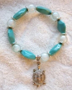 Lucky Turtle Inspiration Energy Bead Elastic Stretch Bracelet with Turtle Charm - Picture 1 of 2