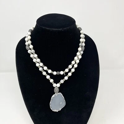 Collar HIPCHIK 38" Cuentas de Jaspe Imperial 2" Rebanada de Ágata Blanca Colgante Alta Costura Foto 1 de 4