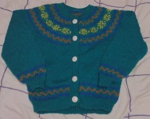Handmade Green jacket norwegian fairisle 3 colors for Girl size 6 year old - Picture 1 of 1