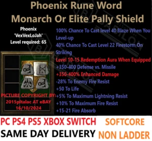 ✅ PC PS4 PS5 XBOX SWITCH ✅ Phoenix Shield Non LD Diablo 2 Resurrected Items D2R - Picture 1 of 8