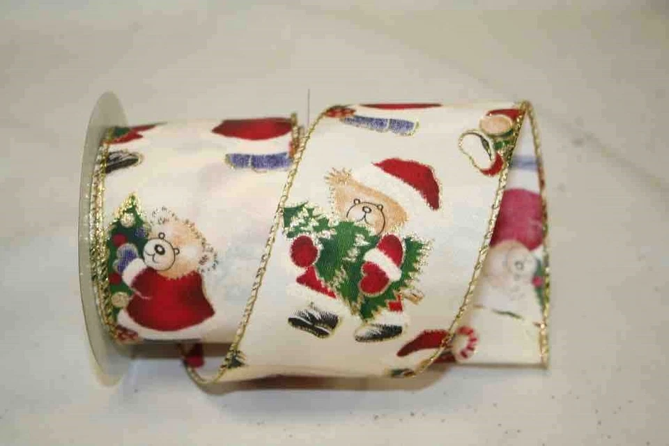 10 yd. roll IVORY BEAR CLAUS WIRE EDGE RIBBON  2 1/2" W - Image 1 of 1