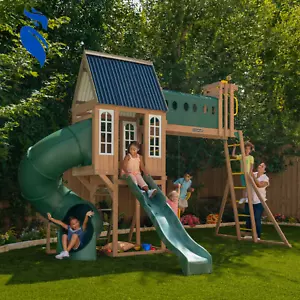 Skyway Resort Wooden Outdoor Swing Set Tube Slide and Wave Slide let kids Race - Picture 1 of 12