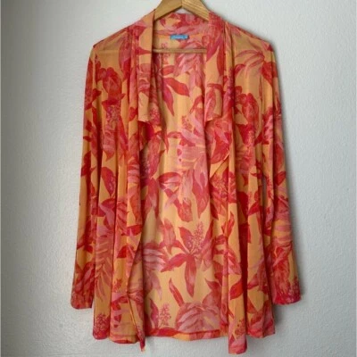 Cardigã JMclaughlin frente aberta leve laranja transparente rosa floral tropical - Imagem 1 de 4