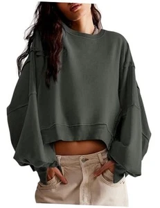 Womens Casual Sweatshirt Long Sleeve Tops Crewneck Loose Fit Tee X-Large Grey - Picture 1 of 6