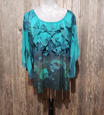 Dressbarn 1X 上衣衬衫绿色蓝绿色褶皱串珠波西米亚独立艺术农民奇思妙想 — 第 1/4 张图片