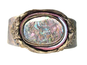 Adjustable Genuine Sculpted Leather Cuff Bracelet-Enamel Dichroic Stone - Picture 1 of 3