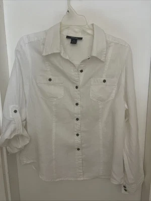 Women’s Style & Co. 100% Linen White Long Sleeve Button Up Shirt Size 14 Petite - Image 1 of 3