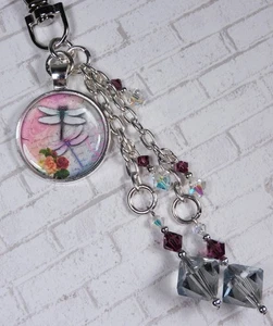 Dragonfly Purse Charm Bag Clip Bicone Glass Crystal Purple Silver Handmade New - Picture 1 of 4