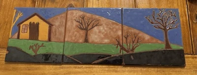 Argentina Tile Art Ceramic 3 Piece Set Lourdes 8x8 Tree Design Appear Handmade - Image 1 of 4