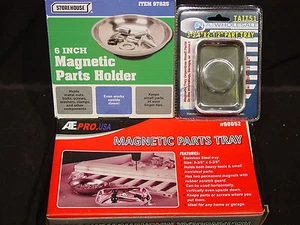 3 Pc RECTANGULAR & ROUND STAINLESS STEEL MAGNETIC DISH SET SCREW BOLTS TRAY BOWL - Picture 1 of 10