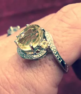 3.75 CT LEMON QUARTZ, WHITE TOPAZ, LAB CREATED YELLOW SAPPHIRE IN STERLING RING - Picture 1 of 12